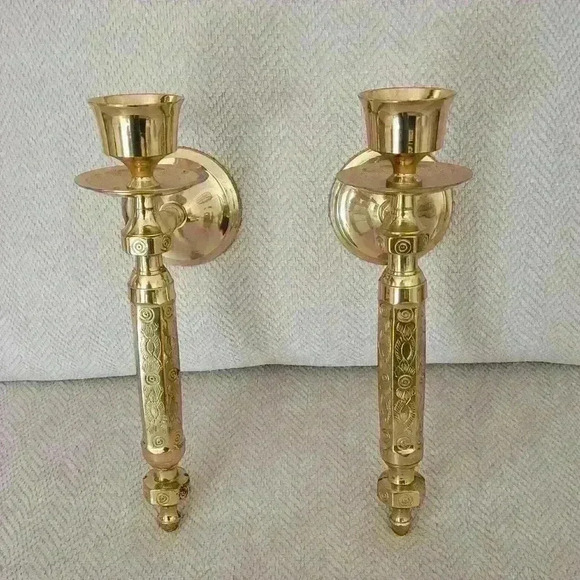 Pair-Lacquered Brass Torchiere Sconces - Picture 3 of 9